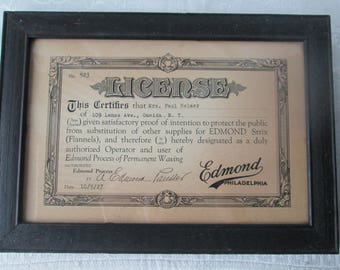 Vintage Hairdressing License, Framed 1927 License to Use the Edmond Process of Permanent Waving