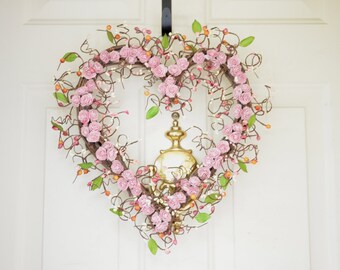 Light Pink Heart Shaped Wreath Pink peonies Spring Summer Heart wreath Wedding wreath Year round decor Valentines Day Front Door wreath