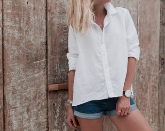 White Linen Lizzie Button Up Collared Top - Loose Fitting Shirt - White Linen Blouse