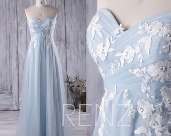 Light Blue Bridesmaid Dress with White Lace, Sweetheart Tulle Wedding Dress, Strapless Prom Dress Long, Evening Gown Floor Length(LS147)
