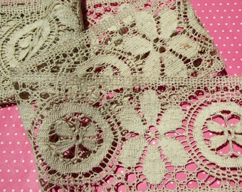 Antique Lace Vintage Bobbin Lace Trim Ecru Wide Flax Lace