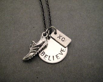 BELIEVE In Your Run XC Running Shoe Necklace - Cross Country Runner Necklace on Gunmetal chain - Xc Believe Necklace - Xc Runner Necklace