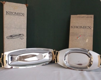 Set of 2 Kromex Serving platters, Relish dish and Bread tray, Mid Century