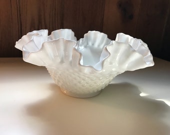 Vintage Milk Glass Bowl with wavy edge/ Hobnail Milk Glass Bowl/ White Hobnail Milk Glass Bowl