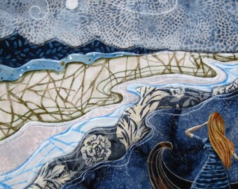 Original artwork, girl in a boat, wall decor, Long way from home, gift for her, shellieartist, viking ship, mixed medium, Fabric on Wood