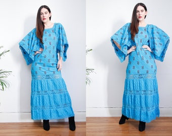 Vintage 70s Floral Cotton Mexican Dress Embroidered Oaxaca Kaftan Kimono Maxi Dress Sz S