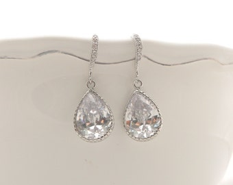 STERLING SILVER earrings with cubic zirconia teardrop pendant wedding jewelry bridesmaid gift