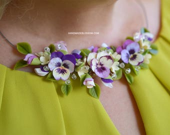 Pansy necklace, Pansy jewellery, Purple wedding jewelry, Flowers jewelry, Purple and yellow flowers, Floral necklace