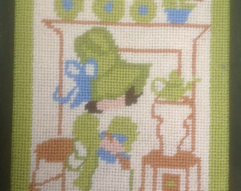 Holly Hobbie style Needlepoint 1972 Framed