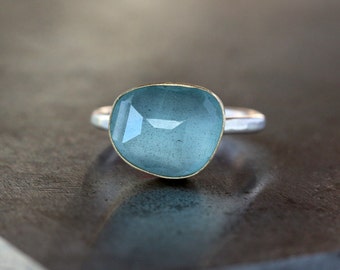 Rose Cut Aquamarine Ring, 18k Yellow Gold, March Birthstone, Organic Shape, Sterling Silver Band, Gemstone Solitaire, Statement Ring
