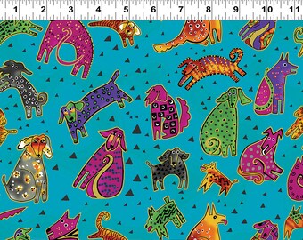 Laurel Burch Fabric Dog & Doggies All Over Dog Print on Blue Y1800-33M