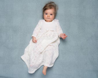 Baptism dress Knit Baby dress Girls long white Dress Flower girl First birthdays dress snow white Dresses for girls Dress baby shower