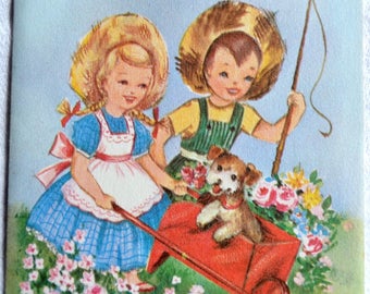 Vintage Birthday Card - Boy and Girl With Puppy in Wheelbarrow - Unused Religious