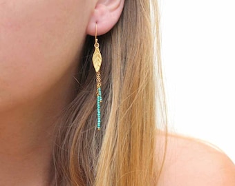 Turquoise Leaf Earrings. Bohemian Beaded Drop Earrings. Gold fill or Sterling Silver. Nature Jewelry. E-1762