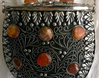 Vintage Silver Metal Scroll Work Bag & Earth Tone Agate Stones/Amazing Metal Agate Stones India Purse Bag/ Beautiful Little India Purse Bag