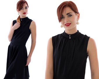 Mod A-line Dress Black Circle Skirt 60s Classic Silver Buttons Day Evening Dress Mad Men Sixties Twiggy 70s Retro 1960s Medium M Small S