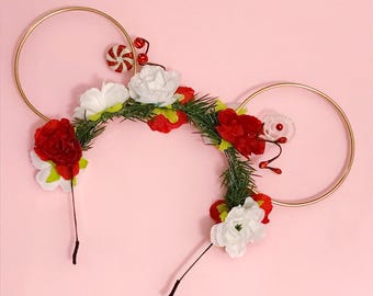 Peppermint Dreams Flower Crown and Gold Wire Mouse Ears Headband