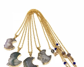 Druzy Moon // Amethyst Moon // Handmade Moon Necklace // Gold Plated Necklace