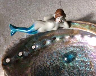Vintage Bisque Mermaid, (occupied Japan) Abalone Shell Vanity, Soap, Trinket Dish