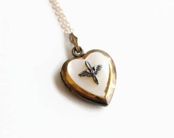 Vintage Mother of Pearl Heart Locket Necklace, WWII Sweetheart Locket, Circa 1940's