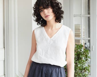 Linen tank top Vienna in V neck / V neck washed linen blouse / linen tank top available in 34 colors