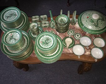 Rare 150+ Set Of Vintage-Green-Japan-China-Dragon Porcelain-Plate-Decorated-In-Hong-Kong