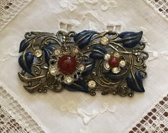 Vintage 40s Enamel Rhinestone 3D Flower Pin Brooch