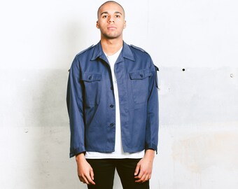 Blue Work Jacket . Chore Coat Military Jacket Mens 80s Work Clothes Workwear Artist Light Navy Indigo Blue Cotton Jacket