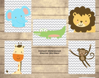 Jungle Animals Wall Art Set Giraffe Monkey Elephant Lion Aligator Art Zoo Animal Nursery Room Art Decor SET 8x10 Digital JPEG Files 133a-e
