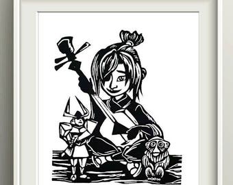 Linoprint Kubo, Linoprint Fanart, Linoleum Print Movie Fanart, Printmaker Linoleum BlockPrint Cartoon Character, Block Printing Lino Print