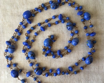 Blown Glass Necklace, Vintage Italian Glass, Blue Beads, Antiqued Gold Tone, Opera Length, KC008