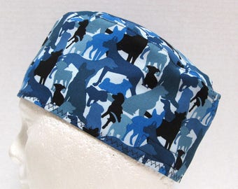 Mens Scrub Hat, Veterinary Scrub Cap or Surgical Cap, Blue Dog Camo
