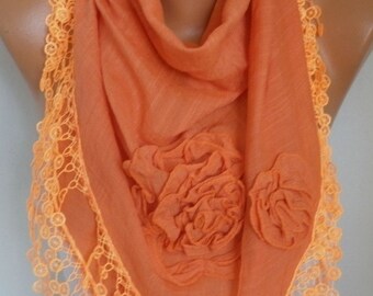 Orange Cotton Floral Scarf, Pumpkin,Halloween, Shawl, Fall,Cowl Lace Bridesmaid Bridal Gift Ideas For Her Women Fashion Accessories