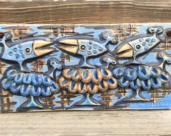 Scandinavian design /Ulla Winblad stoneware plaque tile wall hanging relief / bird sheep /Alingsås Keramik / Sweden 60s