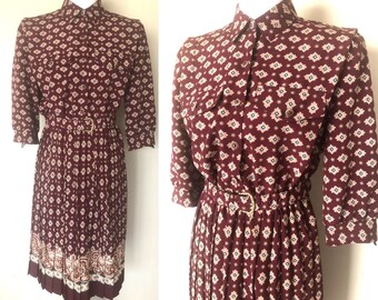 Vintage 1970s Career Dress Size 8 Pleated Accordion Skirt Wine Red Breli Originals Belted
