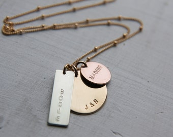 Mixed Metal Family Necklace, Gold Rose Gold Sterling Silver Mom Necklace, Hand Stamped Personalized 3 Charm Necklace, Engraved Kids Names