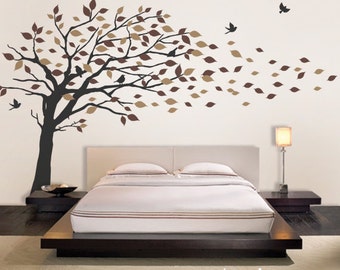 Vinyl Wall Art Decal Sticker - Blowing Leaves Tree - LARGE