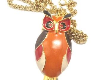 Vintage Enameled Owl | Owl necklace | Owl pendant | Large Owl | Wise Old Owl | Bird necklace | Who Who