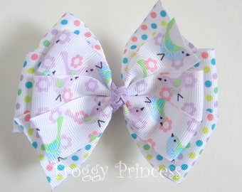 Birds and Dots Pinwheel Bow - No Slip Velvet Grip Hair Clip