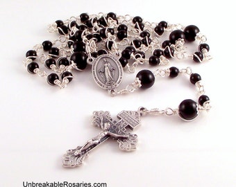 Miraculous Medal Wire Wrapped Rosary Beads In Black Onyx by Unbreakable Rosaries