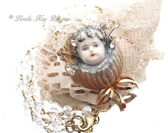 Spring Flower Girl Doll Necklace Whimsical China Doll Face Flower Pendant Lorelie Kay Original