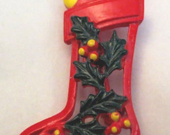 Vintage Christmas Stocking Pin Red Metal Pin, Stocking filled with Toys Trimmed with Hollyl Retro Jewelry