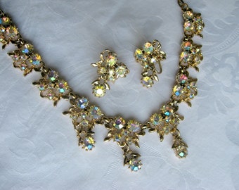 Rhinestone Choker and Earrings Set, Aurora Borealis Rhinestones in Gold Tone Setting Demi Parure, Vintage Necklace and Screw Back Earrings
