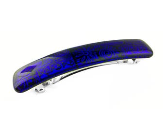 French Barrette Hair Clip, Cobalt Blue Tribal Patterns, Glossy Finish, Extra Large for Thick Hair