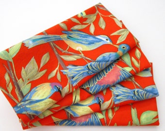 Napkins - Cloth Napkins - Set of 4 - Red Blue Green Metallic Gold Birds - Large Dinner Table Napkins - Wedding and Everyday - Cotton Napkins