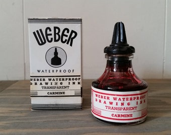Vintage 1oz. Bottle of Weber Waterproof Pigment Ink with Quill Stopper in Transparent Carmine..Vintge Bottle Weber Ink..Weber Red Ink