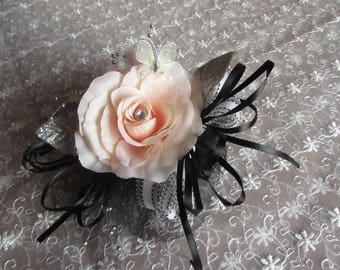 WRIST CORSAGE SET pink black roses prom