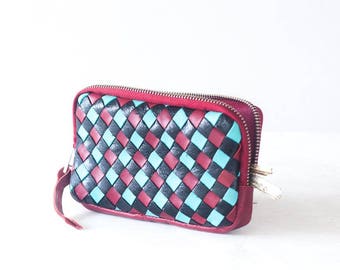 Red handwoven leather zipper pouch, phone case zipper phone case money bag iphone 7 zipper purse - The Antheia Zipper pouch