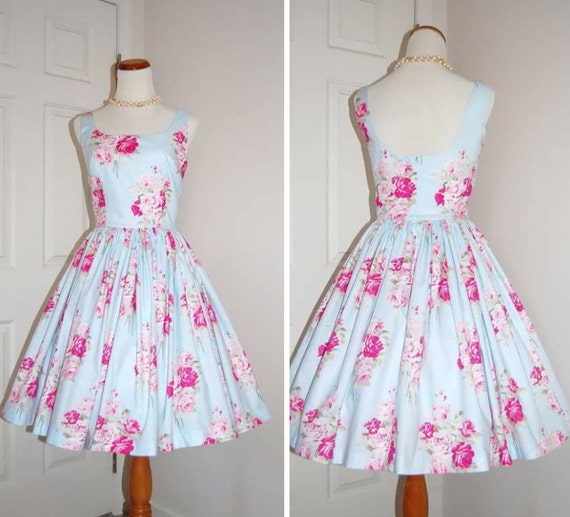Vintage Style Dress Audrey Hepburn Style Cotton Roses