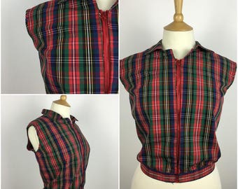 Vintage 1950s Top - 50s Red Tartan Cotton Zip Up Shirt - 50s Pinup Rockabilly - Large xl - UK 16-18 / US 12-14 / EU 44-46